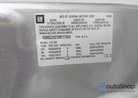 2009 Chevrolet Tahoe Lt1 z USA, uszkodzony, nr VIN 1GNEC23379R171830